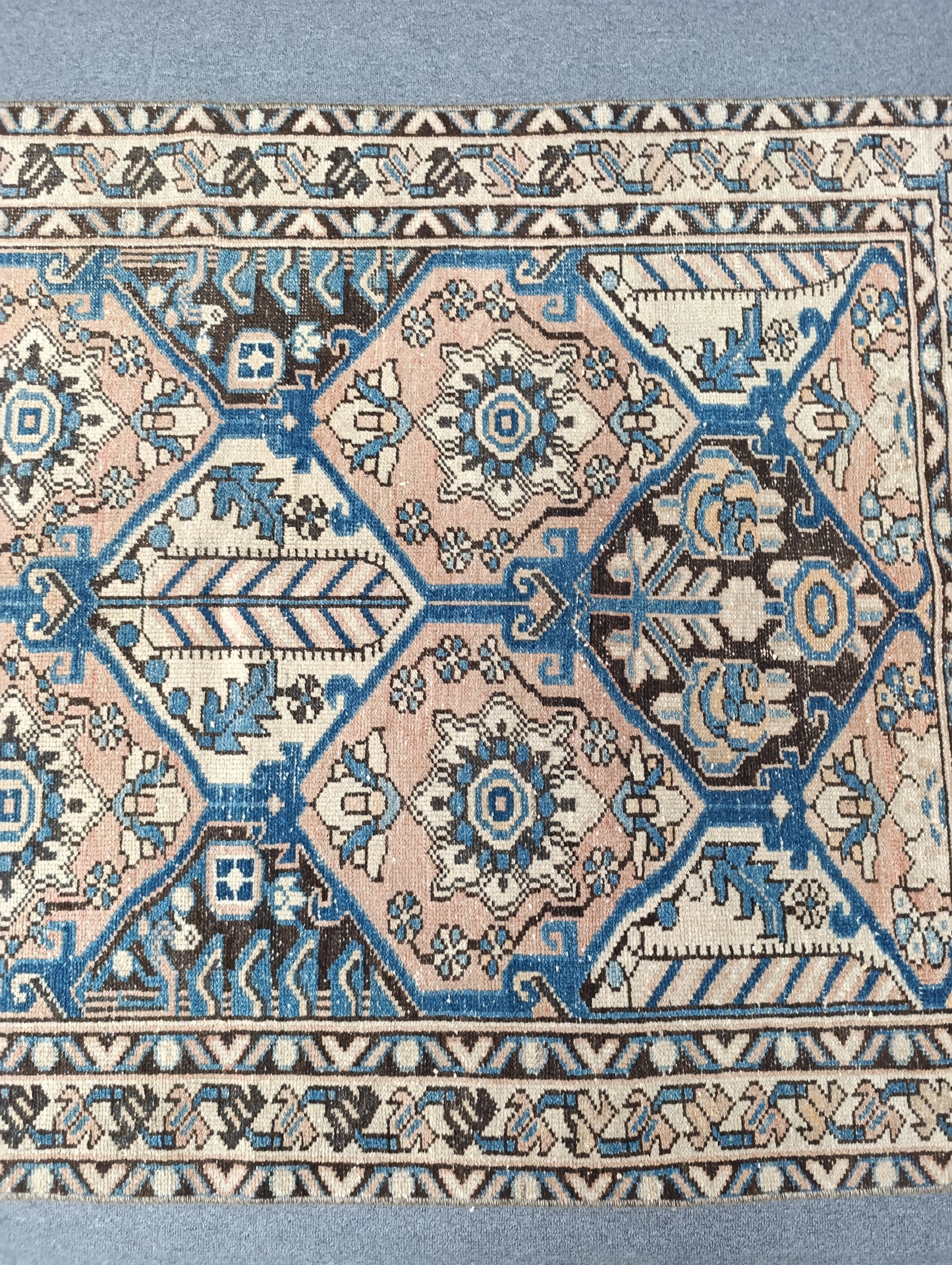 3'7" x 5'3" Vintage Oriental Rug, Faded Blue Beige Wool Carpet