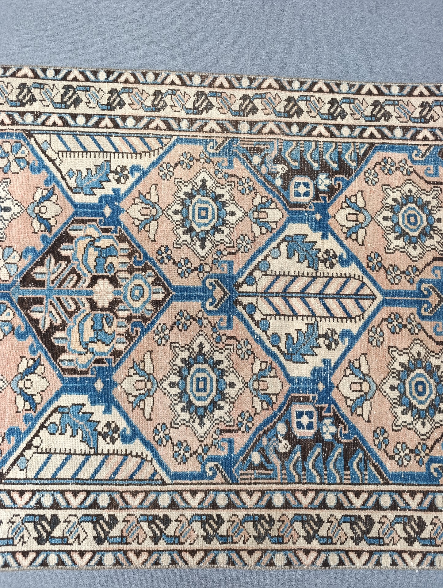 3'7" x 5'3" Vintage Oriental Rug, Faded Blue Beige Wool Carpet
