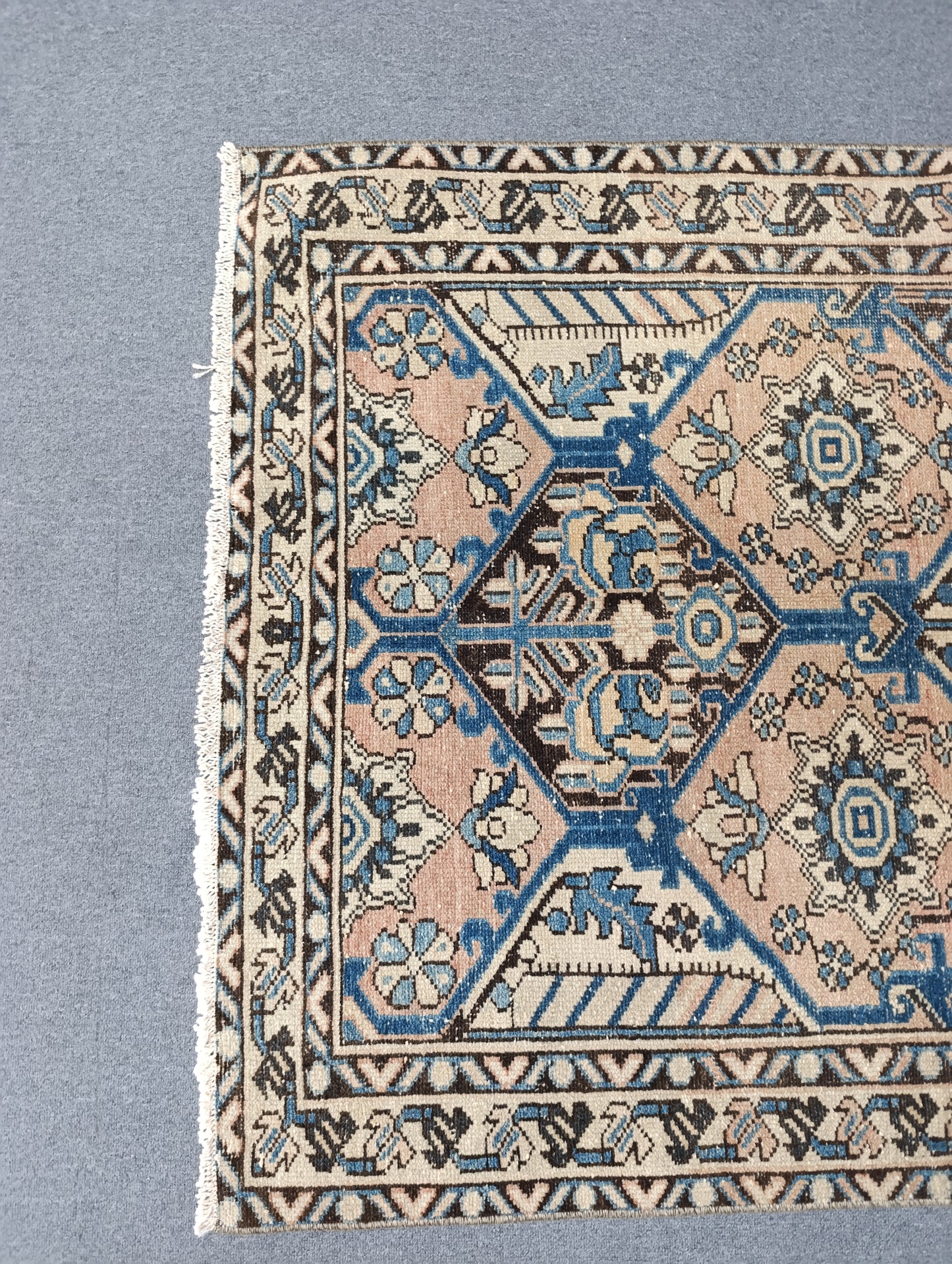 3'7" x 5'3" Vintage Oriental Rug, Faded Blue Beige Wool Carpet