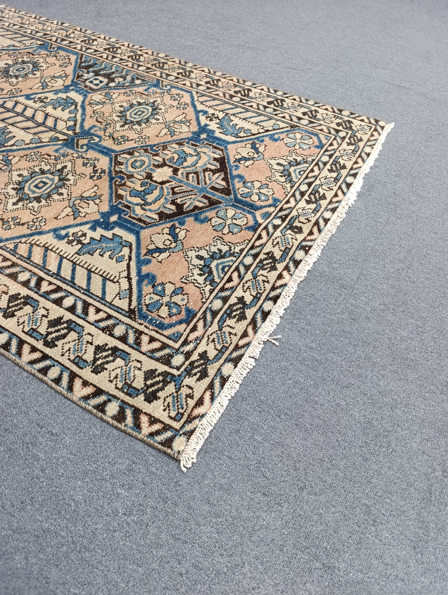 3'7" x 5'3" Vintage Oriental Rug, Faded Blue Beige Wool Carpet