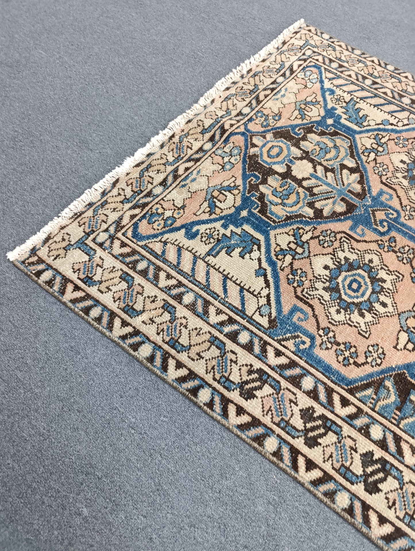 3'7" x 5'3" Vintage Oriental Rug, Faded Blue Beige Wool Carpet
